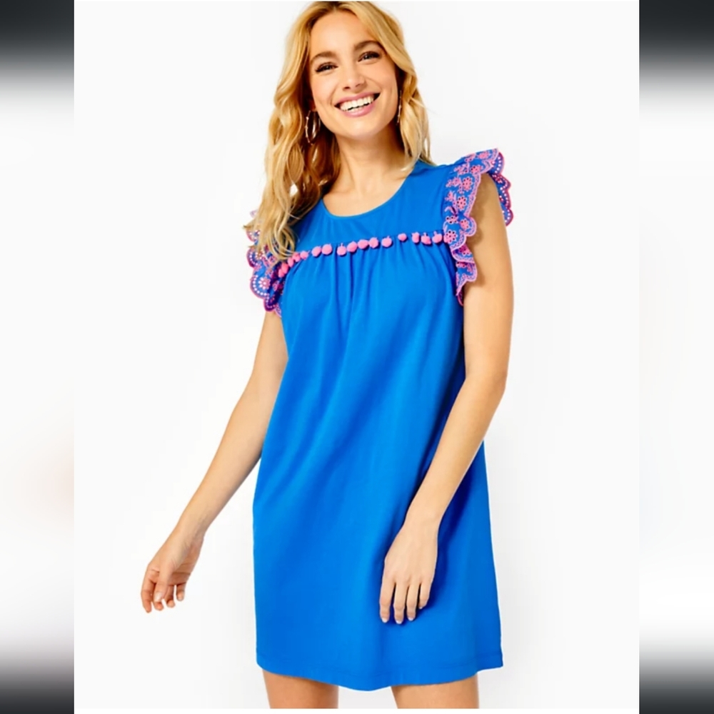 Lilly Pulitzer Ave Dress Pom Pom Eyelet Embroidered Blue Flare XL NWT